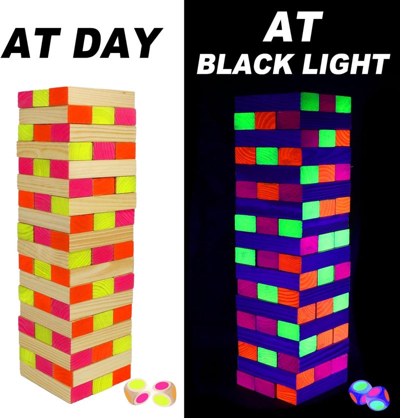Ahuimeius 54 Piece Glow Tumble Tower Board Games, Glow in The Blacklight Tumble Tower, Indoor/Outdoor Board Game for Adults for Family Game Night - Image 2